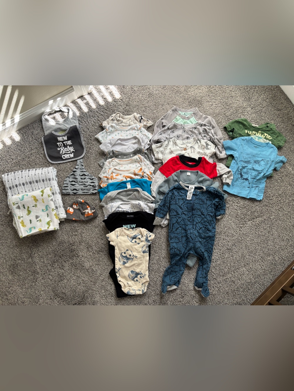 Baby Boys Bundle:Variety of Onesies styles, hats, blankets, bibs and t-shirts